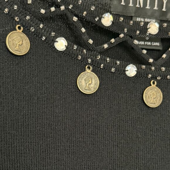Finity BEADED TOP Cut-Out Neckline Rhinestone Coins BOHO Casual Lightweight Knit - Picture 4 of 12